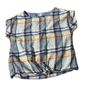LL Bean Signature Minimalist Womens M Blue Plaid 100% Linen Tie Front Top 503765